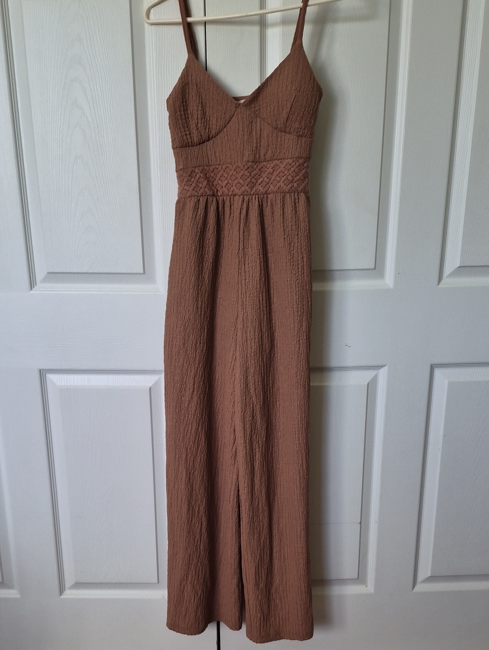 Brown Spaghetti-Strap Jumpsuit with Smocked Waist